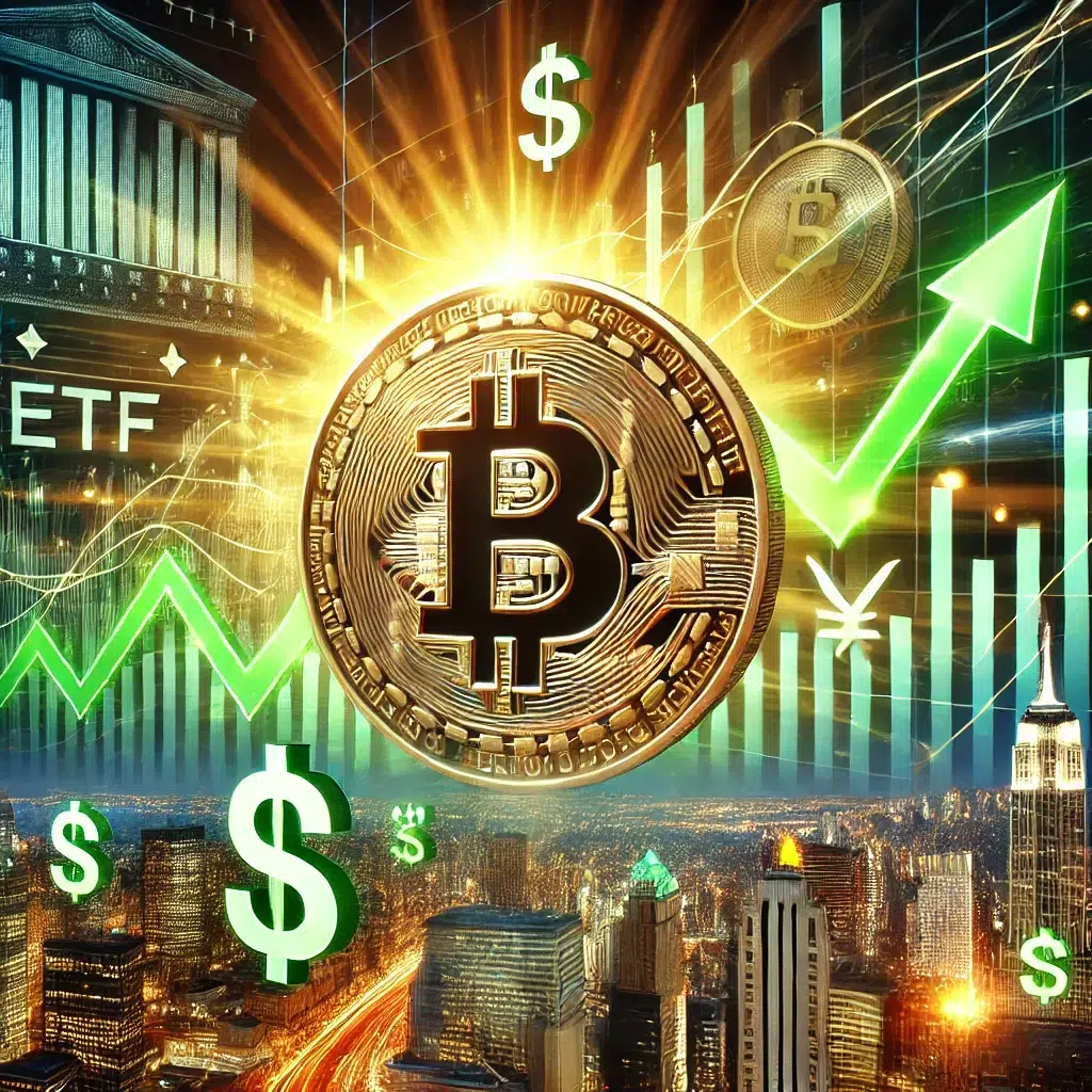 Illustration de l'ascension de Bitcoin : un graphique haussier avec un symbole Bitcoin doré, des icônes ETF et des signes de dollars montrant l'afflux massif de capitaux.