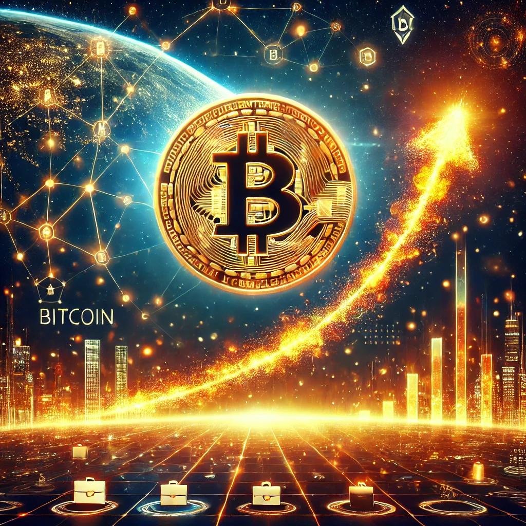A futuristic digital artwork showcasing a glowing Bitcoin coin ascending on a fiery trajectory against a dark cosmic background, symbolizing its meteoric rise. Blockchain nodes and lines are visible, alongside subtle institutional icons like skyscrapers and briefcases.