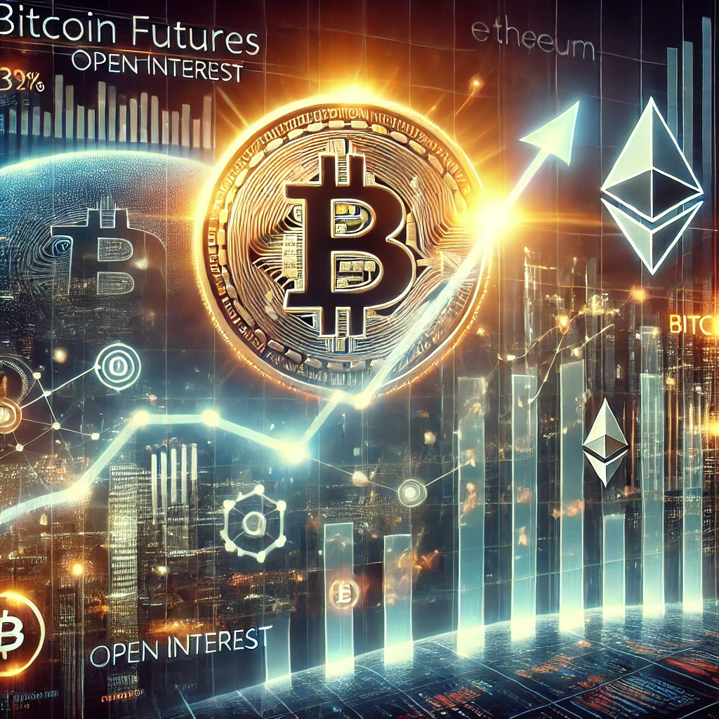 A futuristic digital artwork showing a glowing Bitcoin coin ascending on a graph with trading charts and data overlays, highlighting Bitcoin futures growth and Ethereum diversification.