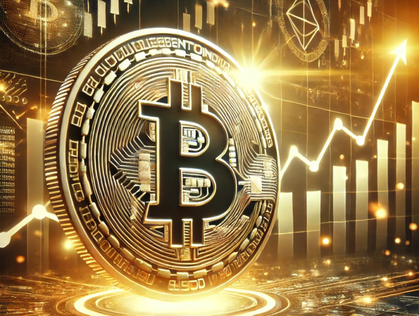 A dynamic image showcasing a glowing Bitcoin coin against rising market charts, symbolizing Bitcoin's march toward $100,000, driven by ETFs and institutional growth.