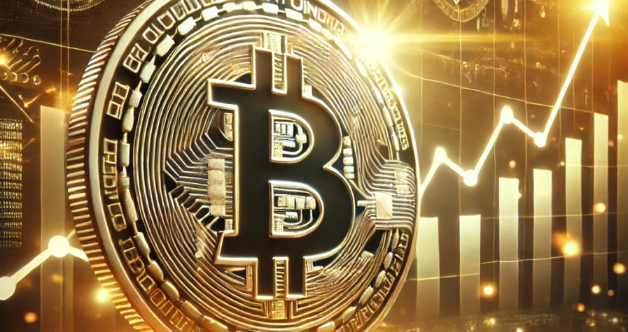 A dynamic image showcasing a glowing Bitcoin coin against rising market charts, symbolizing Bitcoin's march toward $100,000, driven by ETFs and institutional growth.