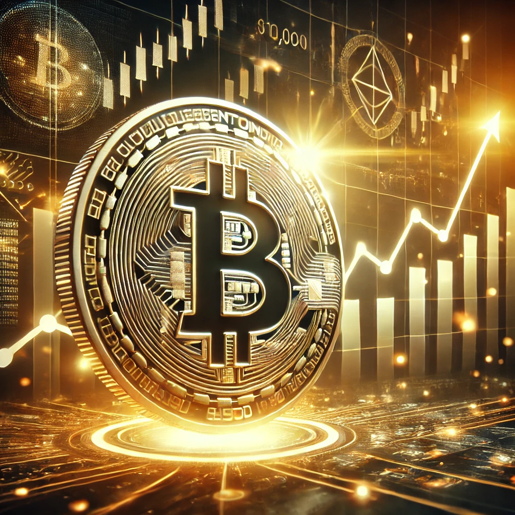 A dynamic image showcasing a glowing Bitcoin coin against rising market charts, symbolizing Bitcoin's march toward $100,000, driven by ETFs and institutional growth.