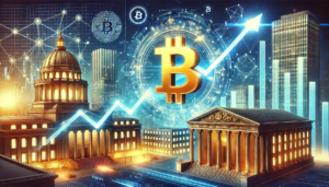 Illustration futuriste représentant la croissance du bitcoin avec un symbole doré brillant, une trajectoire ascendante et une toile technologique en arrière-plan.