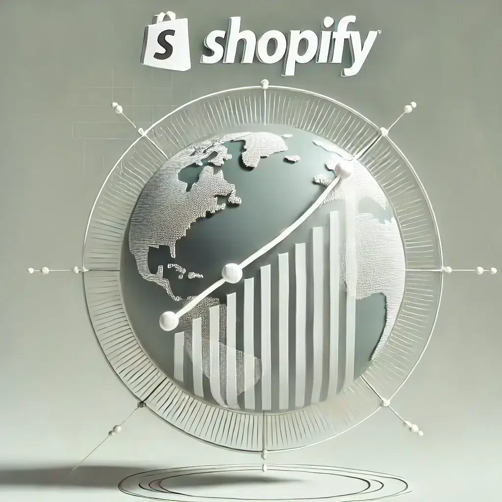 Illustration of Shopify's global expansion and growth, featuring a stylized graph and globe design.