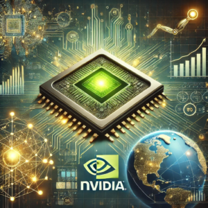 Illustration montrant Nvidia comme leader de l'IA avec une puce futuriste, des réseaux neuronaux, et des éléments financiers symbolisant son impact mondial.