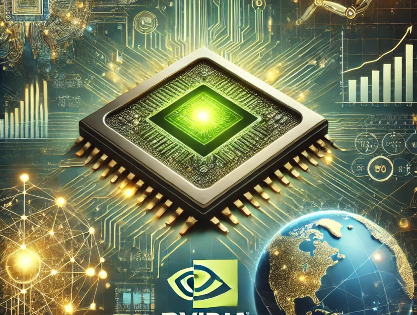Illustration montrant Nvidia comme leader de l'IA avec une puce futuriste, des réseaux neuronaux, et des éléments financiers symbolisant son impact mondial.