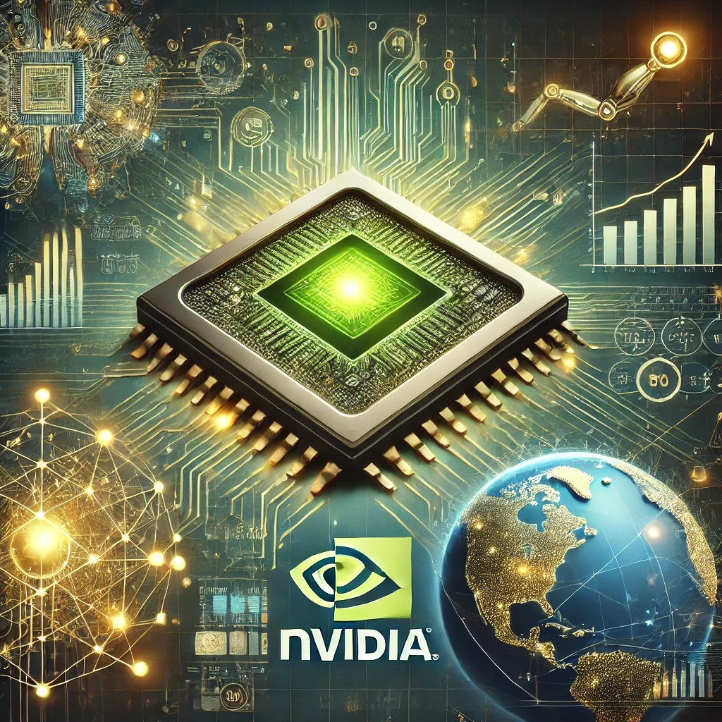 Illustration montrant Nvidia comme leader de l'IA avec une puce futuriste, des réseaux neuronaux, et des éléments financiers symbolisant son impact mondial.