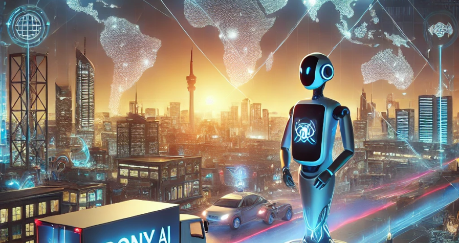 A digital artwork showing an autonomous robotaxi and robotruck navigating a glowing smart cityscape, with a world map in the background highlighting global markets and semiconductor chips symbolizing AI technology.