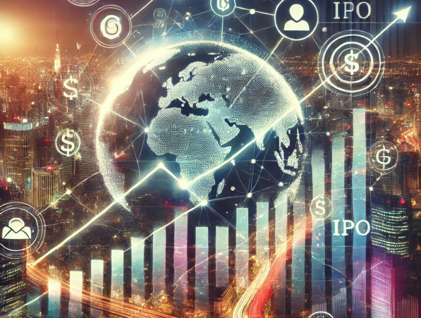 A digital artwork depicting the GCash app with a glowing interface, an ascending stock market graph, and a Southeast Asian city skyline symbolizing its historic IPO in the Philippines.