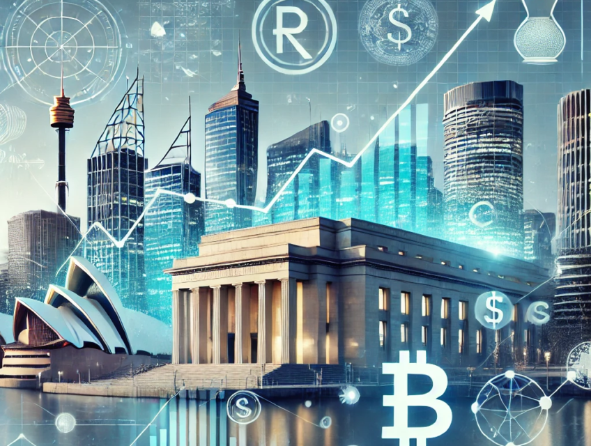 Digital artwork of the Reserve Bank of Australia with the Sydney skyline in the background, inflation graphs, Australian dollar symbols, and a balanced scale symbolizing economic stability.