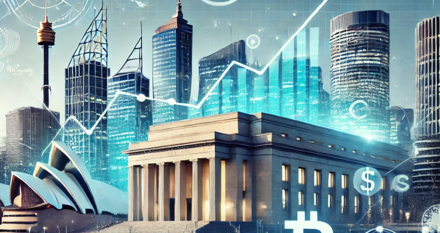 Digital artwork of the Reserve Bank of Australia with the Sydney skyline in the background, inflation graphs, Australian dollar symbols, and a balanced scale symbolizing economic stability.