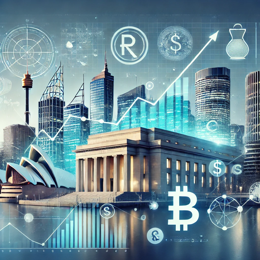 Digital artwork of the Reserve Bank of Australia with the Sydney skyline in the background, inflation graphs, Australian dollar symbols, and a balanced scale symbolizing economic stability.