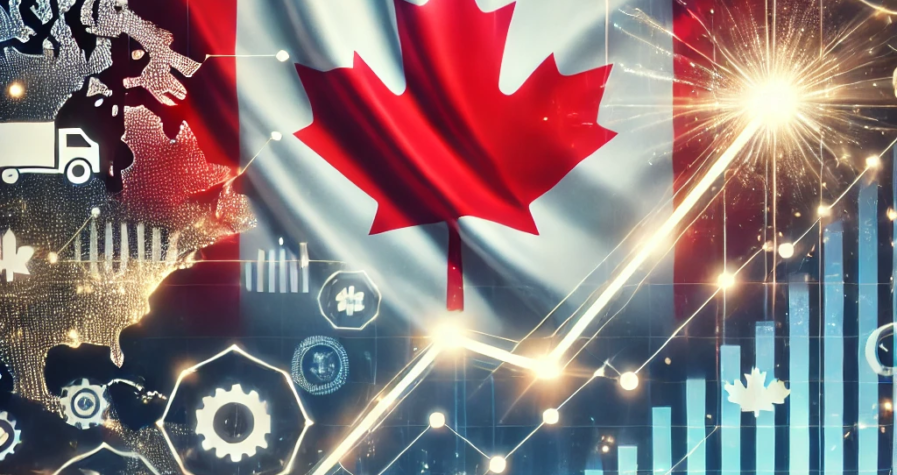 A digital artwork featuring a glowing Canadian flag with ascending economic graphs, symbolic FDI inflow arrows, and manufacturing icons, symbolizing Canada's strong foreign direct investment.