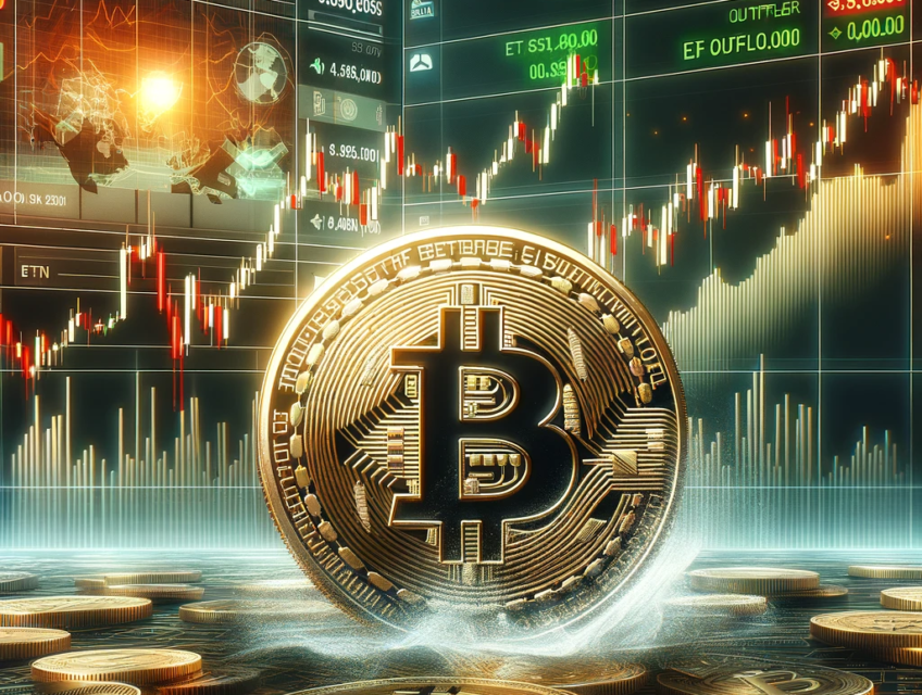 A Bitcoin coin in a volatile market setting, surrounded by charts showing corrections and ETF outflows, reflecting risk and investment opportunities.
