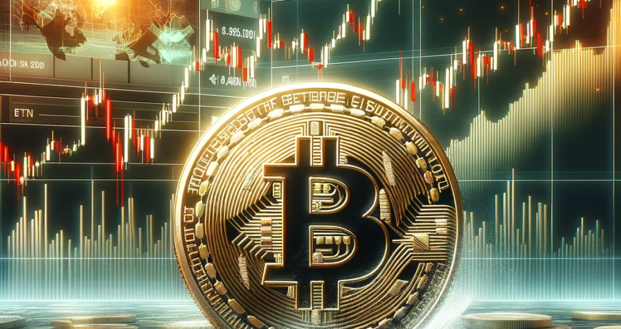 A Bitcoin coin in a volatile market setting, surrounded by charts showing corrections and ETF outflows, reflecting risk and investment opportunities.