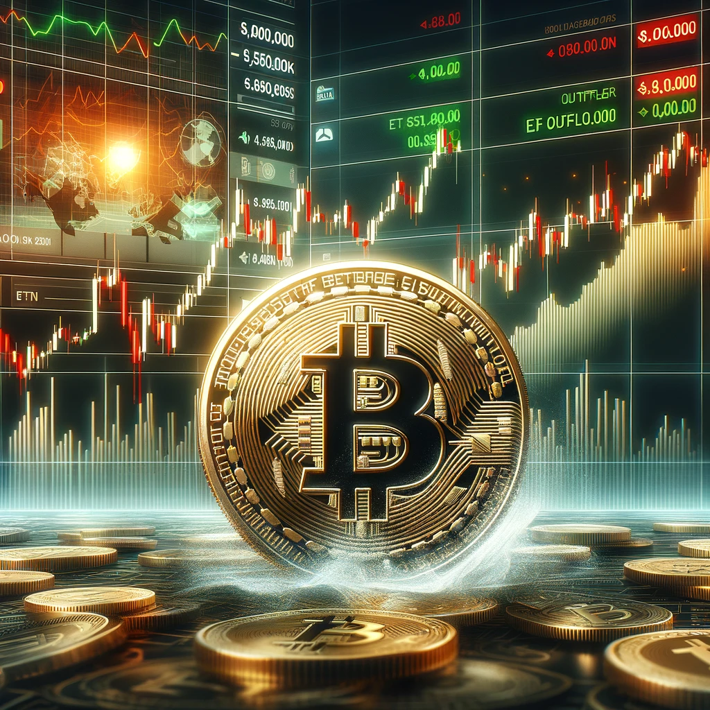 A Bitcoin coin in a volatile market setting, surrounded by charts showing corrections and ETF outflows, reflecting risk and investment opportunities.
