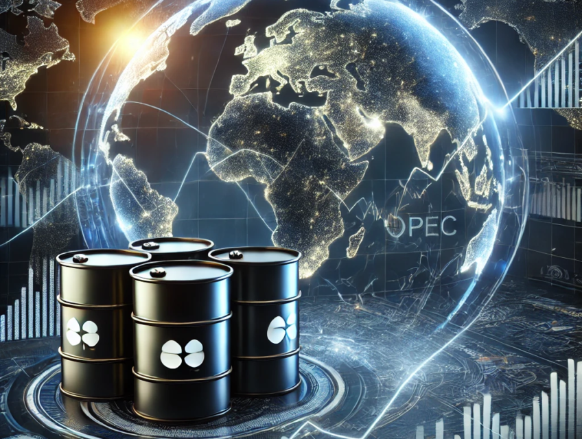A digital artwork depicting the global oil market with oil barrels, a glowing world map, and fluctuating line graphs overlaid on a dark background. Subtle outlines of the Middle East and Ukraine signify geopolitical risks, while the OPEC symbol highlights oil market dynamics.