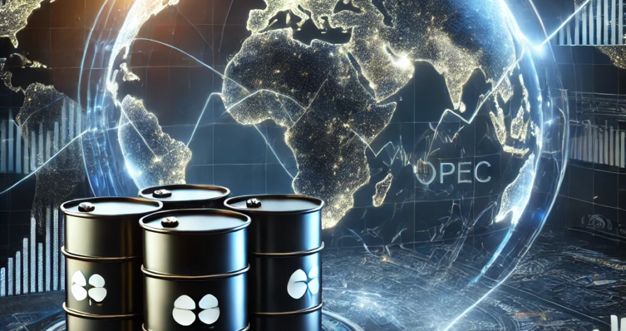 A digital artwork depicting the global oil market with oil barrels, a glowing world map, and fluctuating line graphs overlaid on a dark background. Subtle outlines of the Middle East and Ukraine signify geopolitical risks, while the OPEC symbol highlights oil market dynamics.