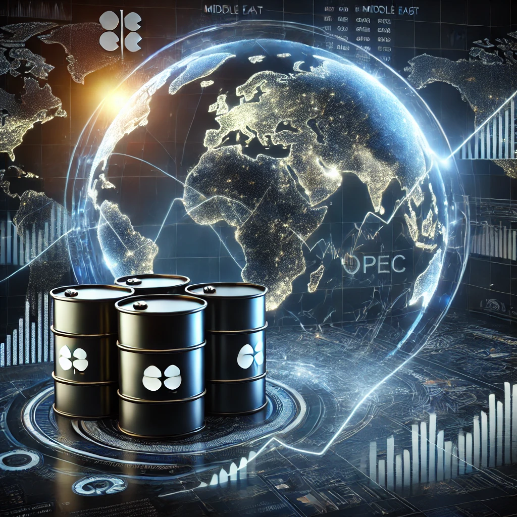 A digital artwork depicting the global oil market with oil barrels, a glowing world map, and fluctuating line graphs overlaid on a dark background. Subtle outlines of the Middle East and Ukraine signify geopolitical risks, while the OPEC symbol highlights oil market dynamics.