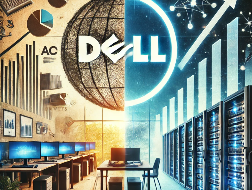 A split-screen image showing Dell's declining PC market on one side and growing AI server business on the other, symbolizing dual challenges and opportunities.