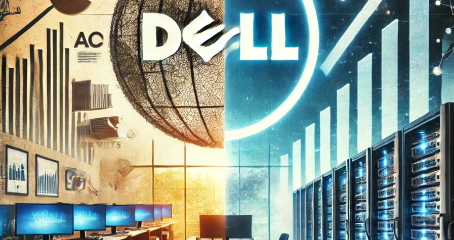 A split-screen image showing Dell's declining PC market on one side and growing AI server business on the other, symbolizing dual challenges and opportunities.