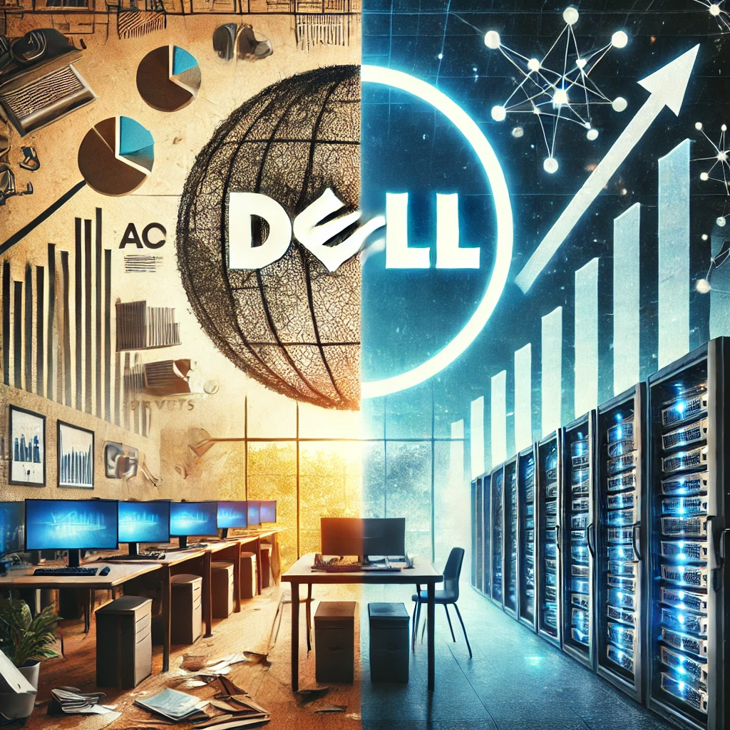 A split-screen image showing Dell's declining PC market on one side and growing AI server business on the other, symbolizing dual challenges and opportunities.