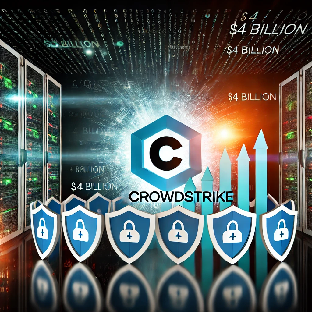 A dynamic CrowdStrike-themed image showing cyber resilience with shields, digital networks, and upward financial graphs reflecting recovery and growth.