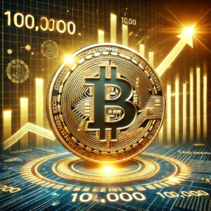 Une illustration engageante de Bitcoin atteignant un jalon majeur, avec un symbole Bitcoin doré, des graphiques financiers ascendants, et un fond futuriste affichant 100 000. L'image évoque croissance, innovation et succès financier, idéale pour représenter les tendances des cryptomonnaies.