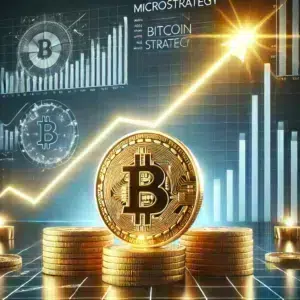 Illustration mettant en avant l'ascension de Bitcoin avec un graphique en hausse et une pièce dorée de Bitcoin au premier plan, représentant la stratégie audacieuse de MicroStrategy dans l'écosystème des cryptomonnaies.