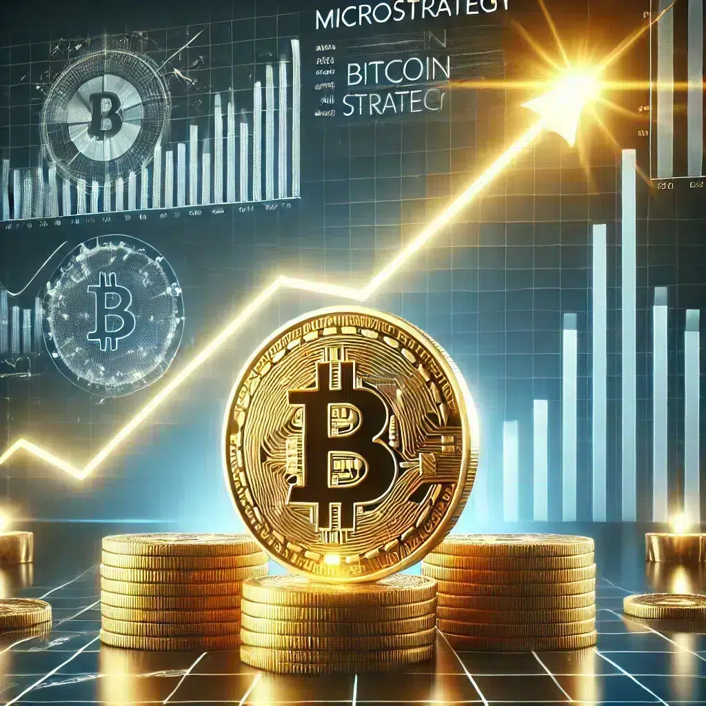 Illustration mettant en avant l'ascension de Bitcoin avec un graphique en hausse et une pièce dorée de Bitcoin au premier plan, représentant la stratégie audacieuse de MicroStrategy dans l'écosystème des cryptomonnaies.