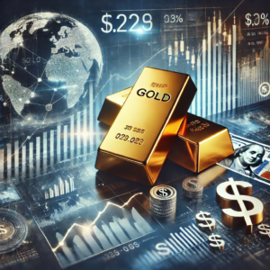 Une représentation visuelle des fluctuations du marché de l'or, mettant en scène un lingot d'or sur un graphique financier avec des courbes montantes et descendantes, des symboles de dollars et des éléments globaux comme un globe et des icônes boursières. L'image évoque l'analyse économique et les stratégies d'investissement dans un contexte professionnel et moderne.