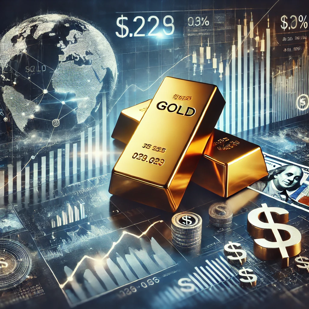 Une représentation visuelle des fluctuations du marché de l'or, mettant en scène un lingot d'or sur un graphique financier avec des courbes montantes et descendantes, des symboles de dollars et des éléments globaux comme un globe et des icônes boursières. L'image évoque l'analyse économique et les stratégies d'investissement dans un contexte professionnel et moderne.