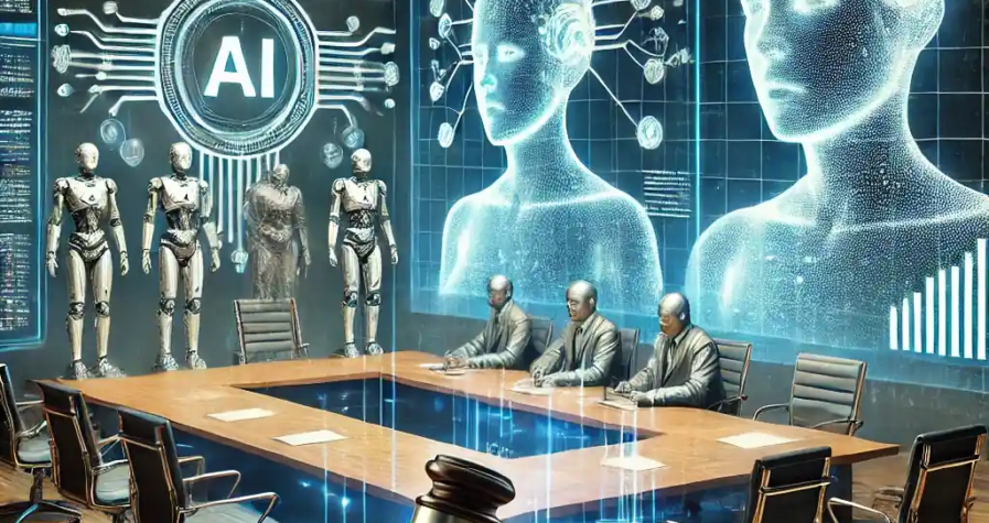 An ultra-realistic futuristic courtroom scene with holographic AI elements, neural networks, and robotic figures representing artificial intelligence. A large gavel and legal documents dominate the scene.