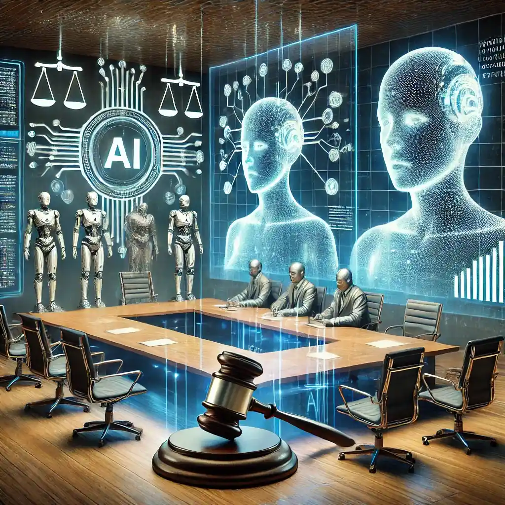 An ultra-realistic futuristic courtroom scene with holographic AI elements, neural networks, and robotic figures representing artificial intelligence. A large gavel and legal documents dominate the scene.