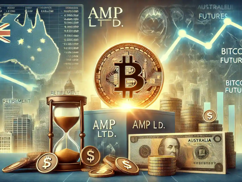 Illustration professionnelle montrant l'investissement historique d'AMP Ltd. dans les contrats à terme sur le Bitcoin, avec des graphiques financiers et des éléments liés aux fonds de retraite australiens.