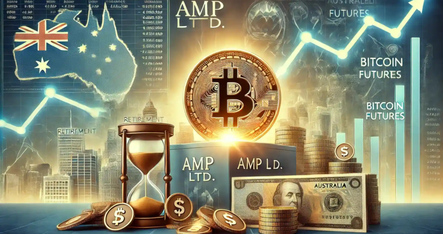 Illustration professionnelle montrant l'investissement historique d'AMP Ltd. dans les contrats à terme sur le Bitcoin, avec des graphiques financiers et des éléments liés aux fonds de retraite australiens.