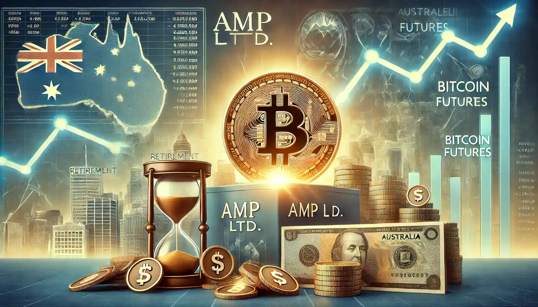 Illustration professionnelle montrant l'investissement historique d'AMP Ltd. dans les contrats à terme sur le Bitcoin, avec des graphiques financiers et des éléments liés aux fonds de retraite australiens.