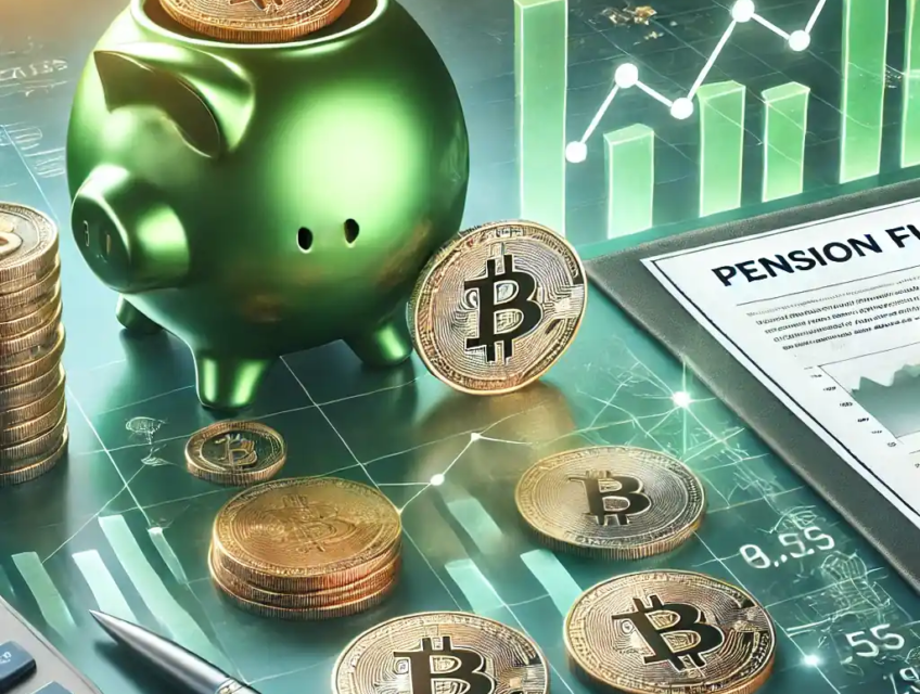 A green-themed financial illustration highlighting Bitcoin symbols, digital graphs, and pension documents, representing AMP's crypto investment.