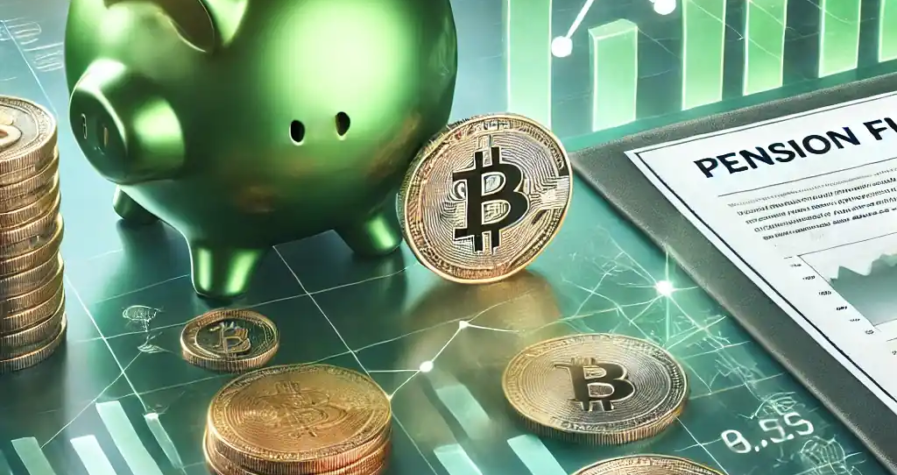 A green-themed financial illustration highlighting Bitcoin symbols, digital graphs, and pension documents, representing AMP's crypto investment.