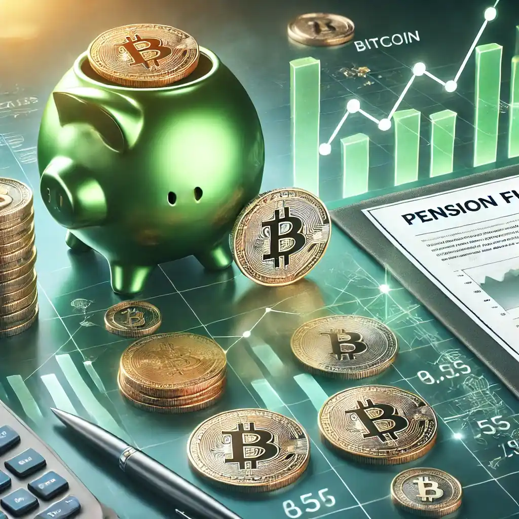 A green-themed financial illustration highlighting Bitcoin symbols, digital graphs, and pension documents, representing AMP's crypto investment.