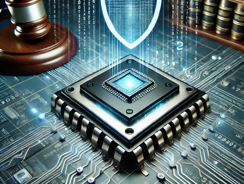 A digital artwork depicting ASML's legal battle over trade secrets theft, featuring a futuristic semiconductor chip with a protective shield, a gavel, and digital codes in a courtroom setting.