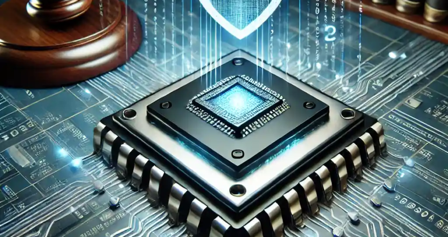A digital artwork depicting ASML's legal battle over trade secrets theft, featuring a futuristic semiconductor chip with a protective shield, a gavel, and digital codes in a courtroom setting.