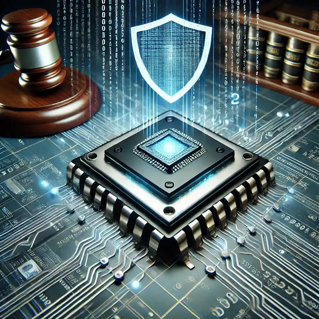 A digital artwork depicting ASML's legal battle over trade secrets theft, featuring a futuristic semiconductor chip with a protective shield, a gavel, and digital codes in a courtroom setting.