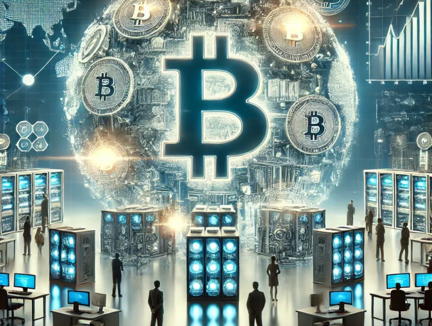 A digital artwork depicting the evolution of Bitcoin mining into a corporate industry, with futuristic mining facilities, glowing Bitcoin symbols, and a cooler color palette of blues and silvers emphasizing innovation.