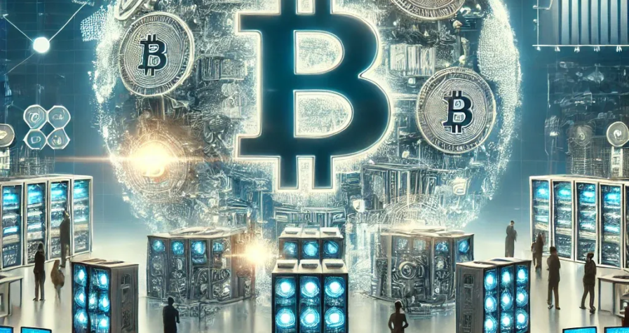 A digital artwork depicting the evolution of Bitcoin mining into a corporate industry, with futuristic mining facilities, glowing Bitcoin symbols, and a cooler color palette of blues and silvers emphasizing innovation.