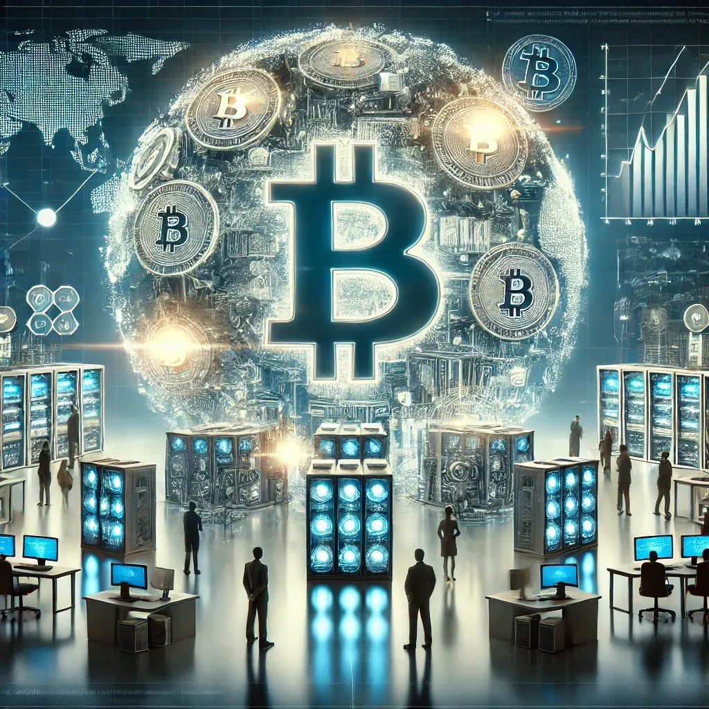 A digital artwork depicting the evolution of Bitcoin mining into a corporate industry, with futuristic mining facilities, glowing Bitcoin symbols, and a cooler color palette of blues and silvers emphasizing innovation.