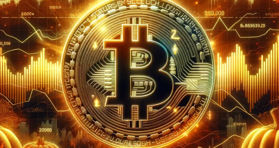 A dynamic digital artwork showcasing Bitcoin's journey from a 2020 Thanksgiving dip to a 2024 rally, featuring a glowing Bitcoin coin, jagged price charts, and autumn-themed elements.