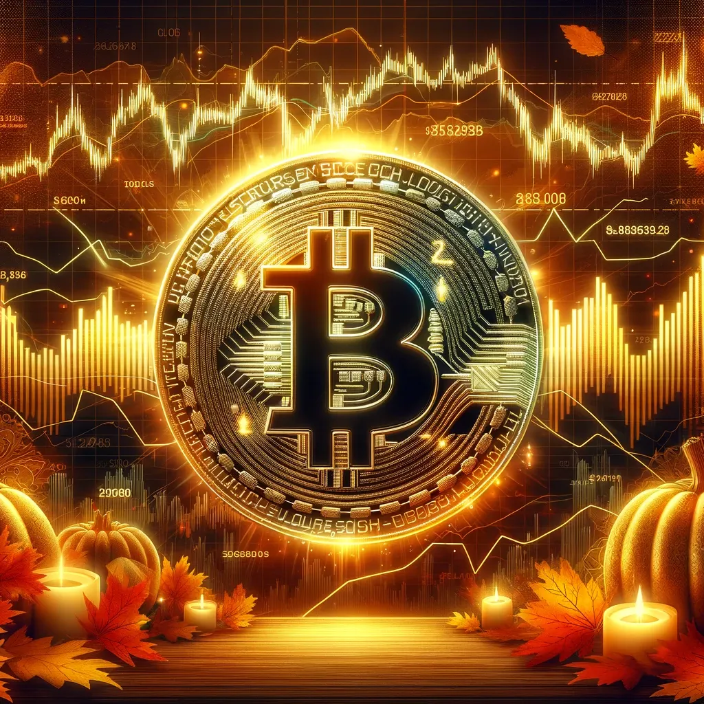 A dynamic digital artwork showcasing Bitcoin's journey from a 2020 Thanksgiving dip to a 2024 rally, featuring a glowing Bitcoin coin, jagged price charts, and autumn-themed elements.