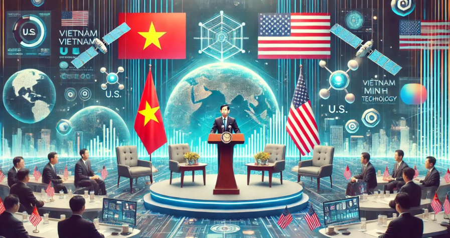 Vietnam's Prime Minister Pham Minh Chinh speaks at a business summit with U.S. and Vietnamese flags in the background, focusing on economic and technology partnerships.