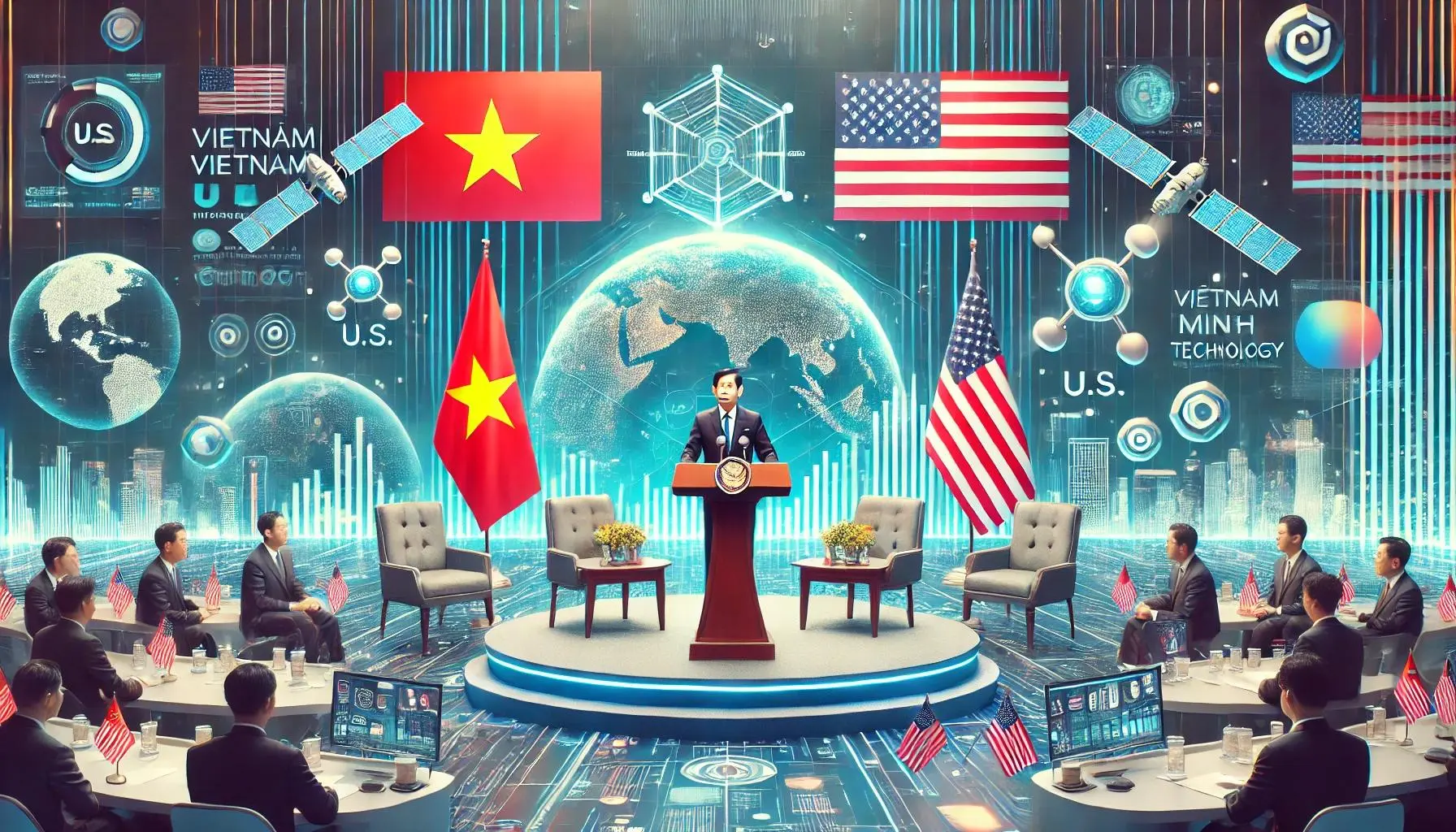 Vietnam's Prime Minister Pham Minh Chinh speaks at a business summit with U.S. and Vietnamese flags in the background, focusing on economic and technology partnerships.